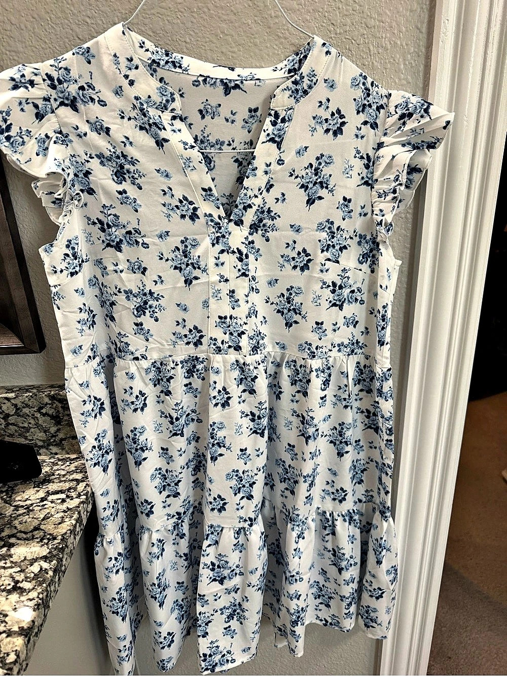 Blue & White Floral Tiered Ruffle Sleeve Dress Cottagecore Feminine